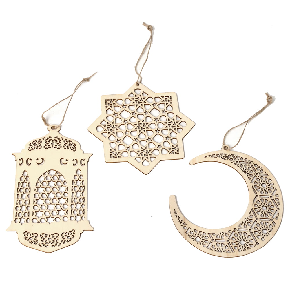 3pcs Eid Mubarak Decorations Wooden Golden Lantern Baubles Indoor Decor 