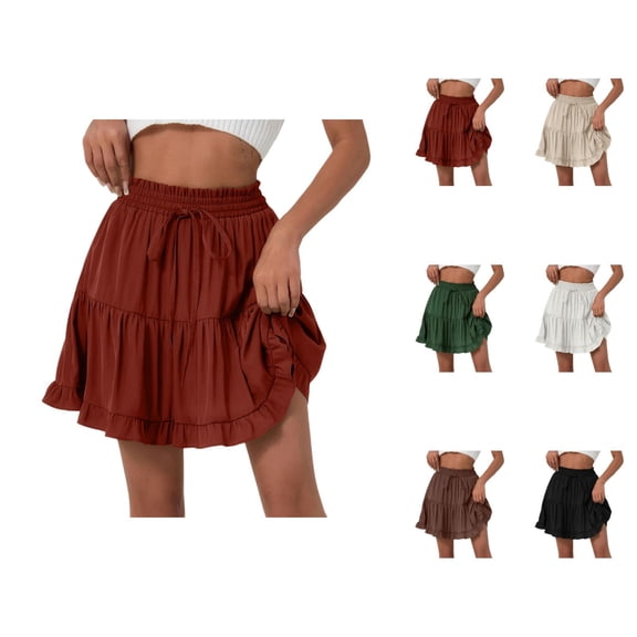 Summer Flowy Mini Skorts Skirts for Women Elastic High Waist Casual Cute Boho Beach Short Skirt Ruffle Tiered Skirt