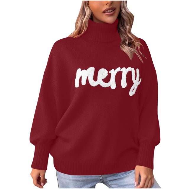 Chandail de Noël pour Femmes, Col Roulé Tricoté, Manches Longues, Graphique, Vin, m