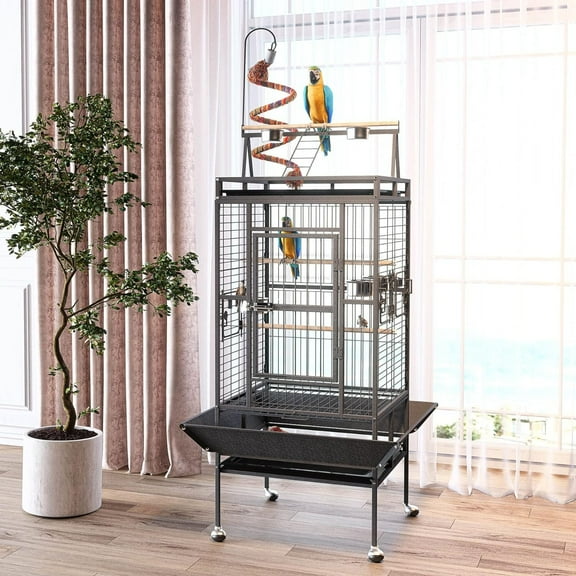 Frmobepts 82" Large Bird Cage with Rolling Stand Parrot Cage Pet House Wrought Iron Birdcage, Black