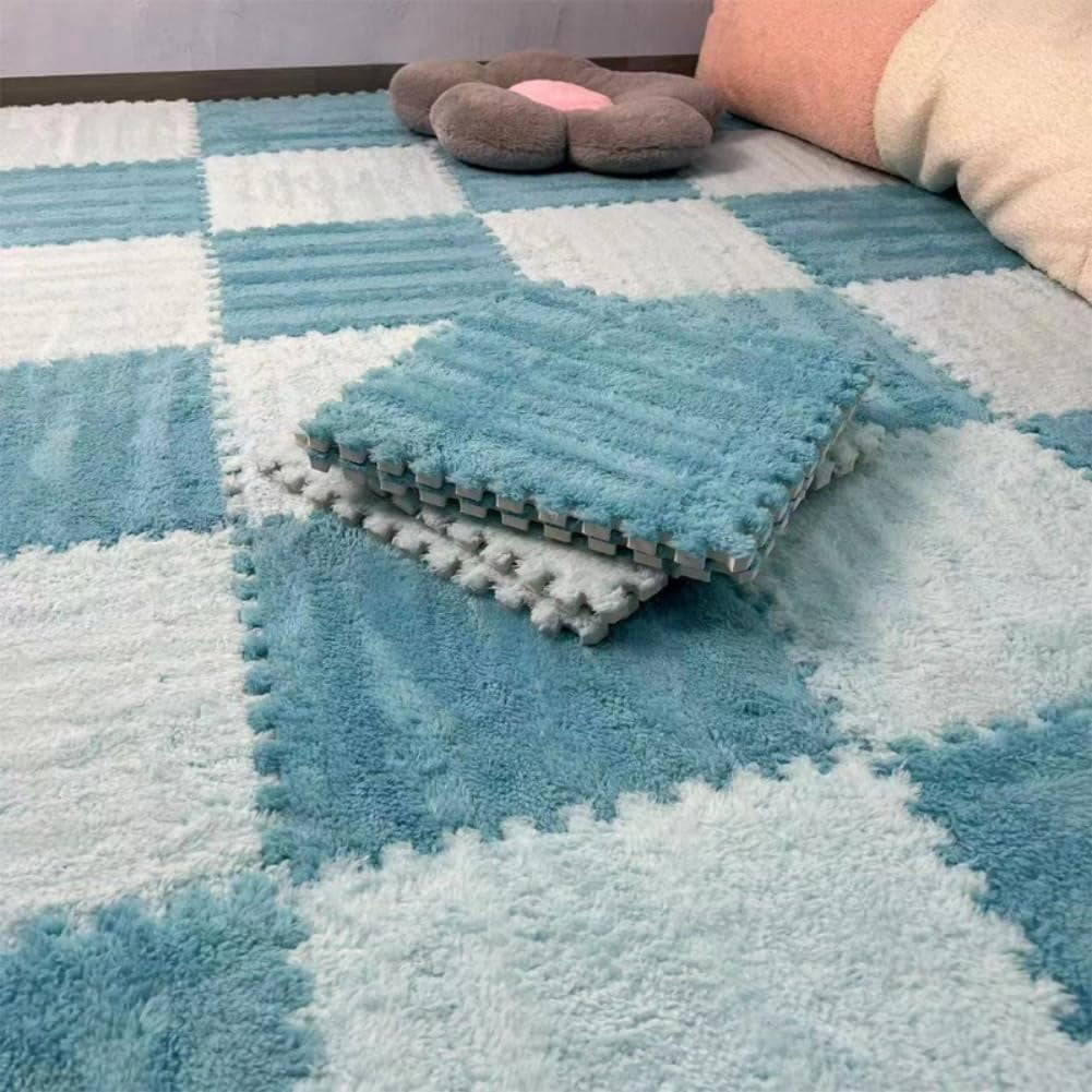 10PCS Fluffy Plush Interlocking Foam Mat Tiles, 12"x12" Thick Padded Playroom Carpet with Border, Play Mat Floor Tiles Thick Padded Squares Foam Tiles for Decor