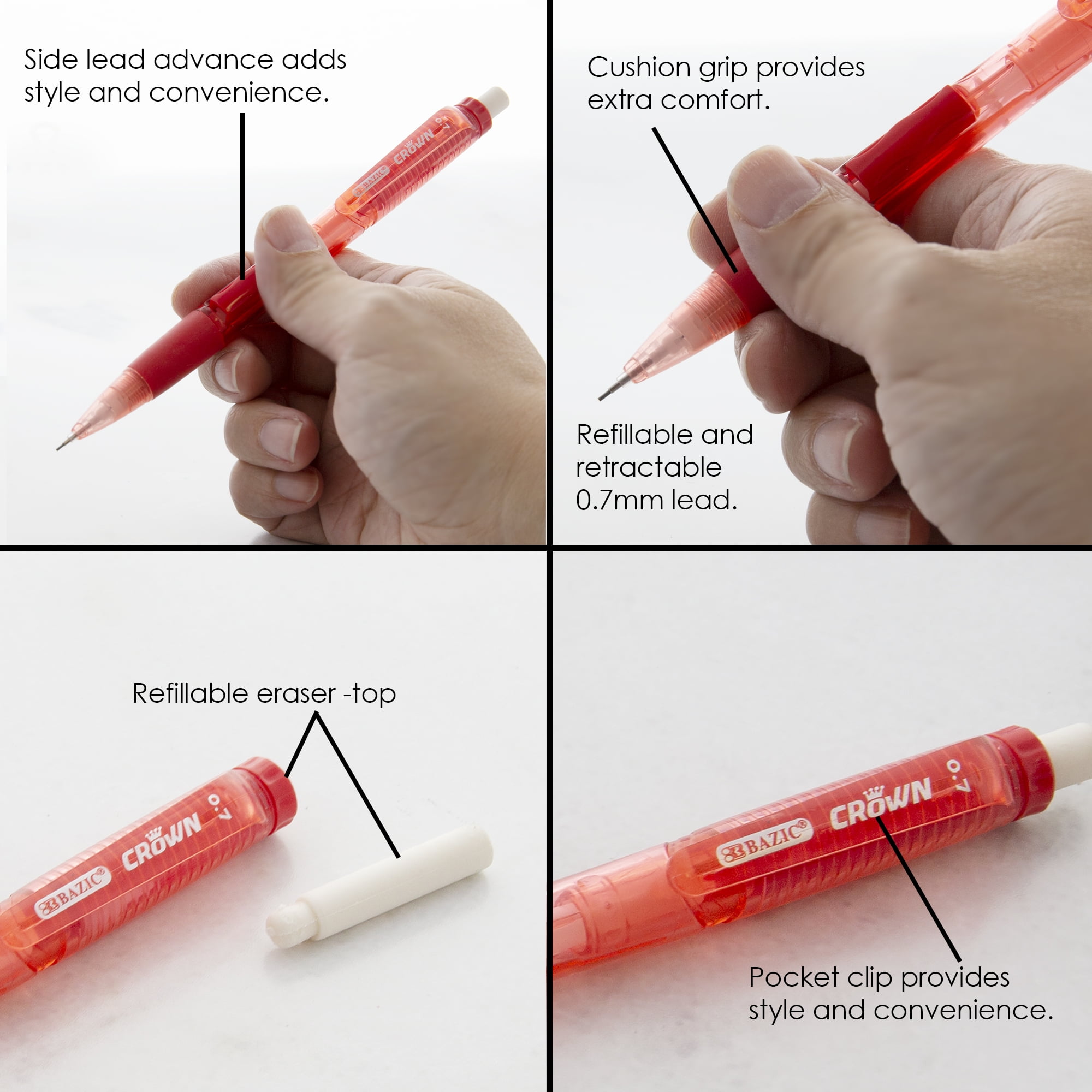 BAZIC Crown 0.7 mm Mechanical Pencil, Soft Grip Latex Free Eraser (3/Pack), 24-Packs
