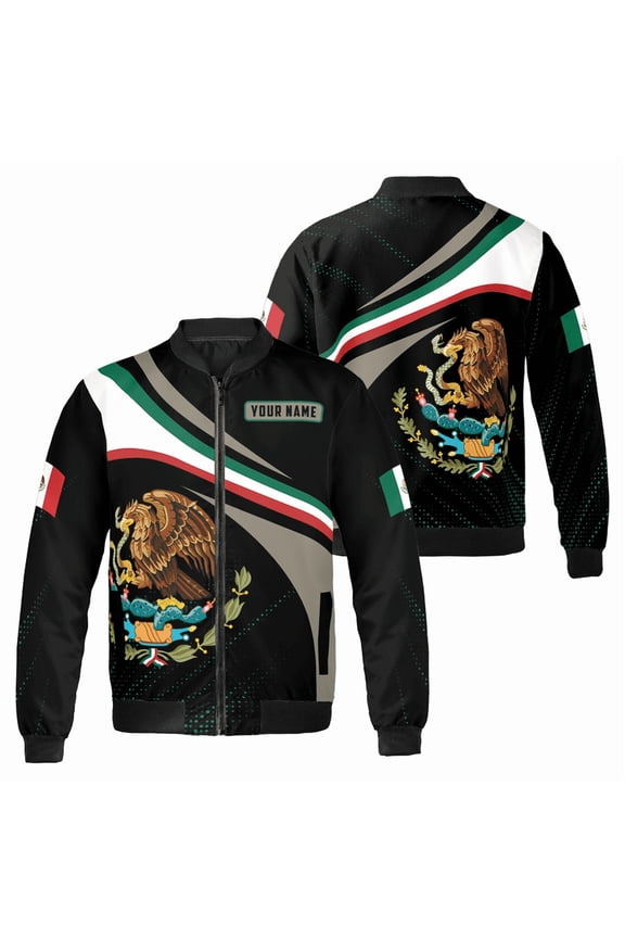 Custom Name Mexican Flag Bomber Jacket Personalized Patriotic Mexico Eagle Coat for Hispanic Heritage, Independence Day or Casual Wear Outerwear