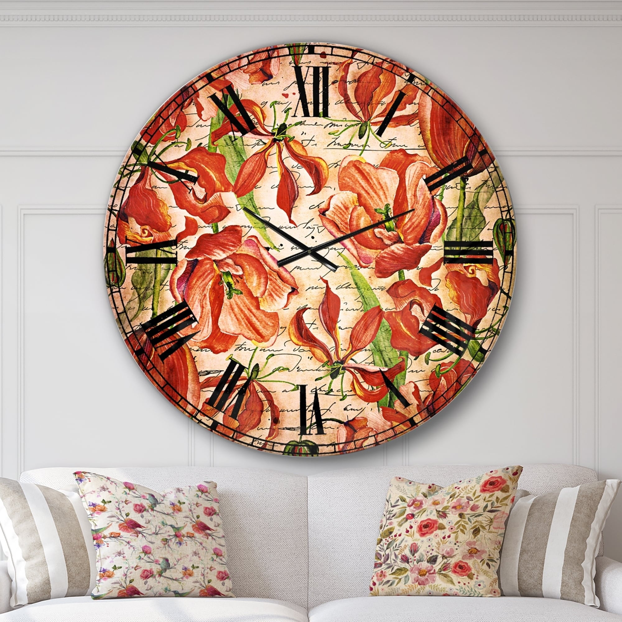 Designart 'Seamless Red Flower Pattern' Traditional wall clock