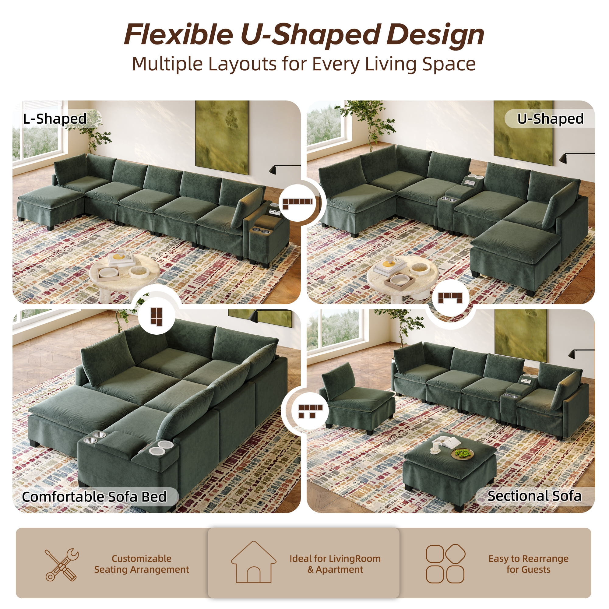 Howcool 121.2" Modular U-Shaped Sectional Sofa, 6-Seat Cloud Couch with Movable Ottoman, Convertible Sofa Bed, Chenille Couch with USB Charging, Cup Holders & Bluetooth Speaker for Living Room, Green