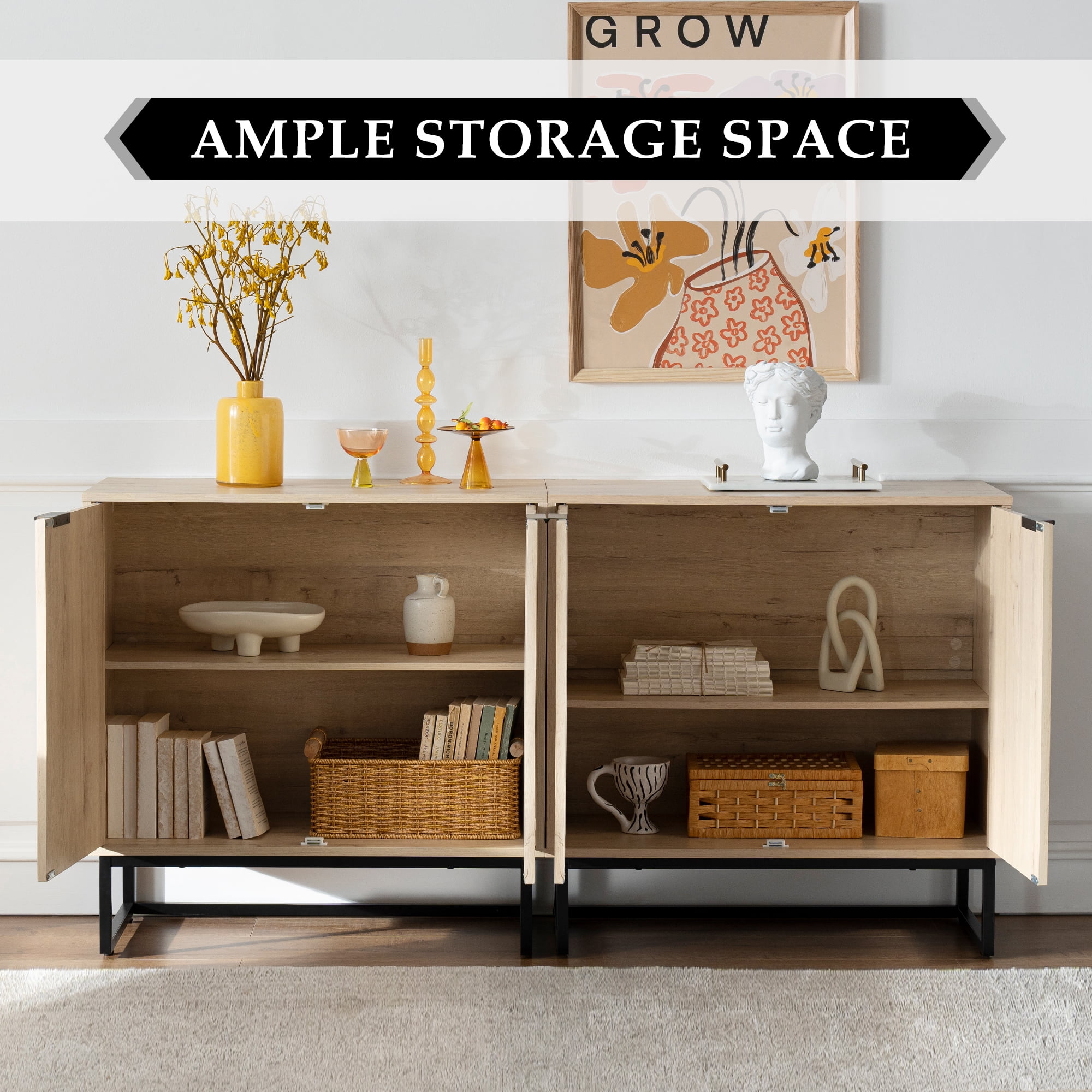 Joyyskill Fluted Storage Cabinets Set of 2, Sideboard Buffet Cabinet with Adjustable Shelves, Multifunctional Console Table Accent Cabinet, Light Oak
