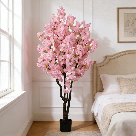 6ft Artificial Cherry Blossom Tree Plastic Flower Faux Leaves Plant Handmade Light Pink Cherry Fake Tree Artificial Plants for Home Office Indoor Outdoor Spring Party Wedding Decor