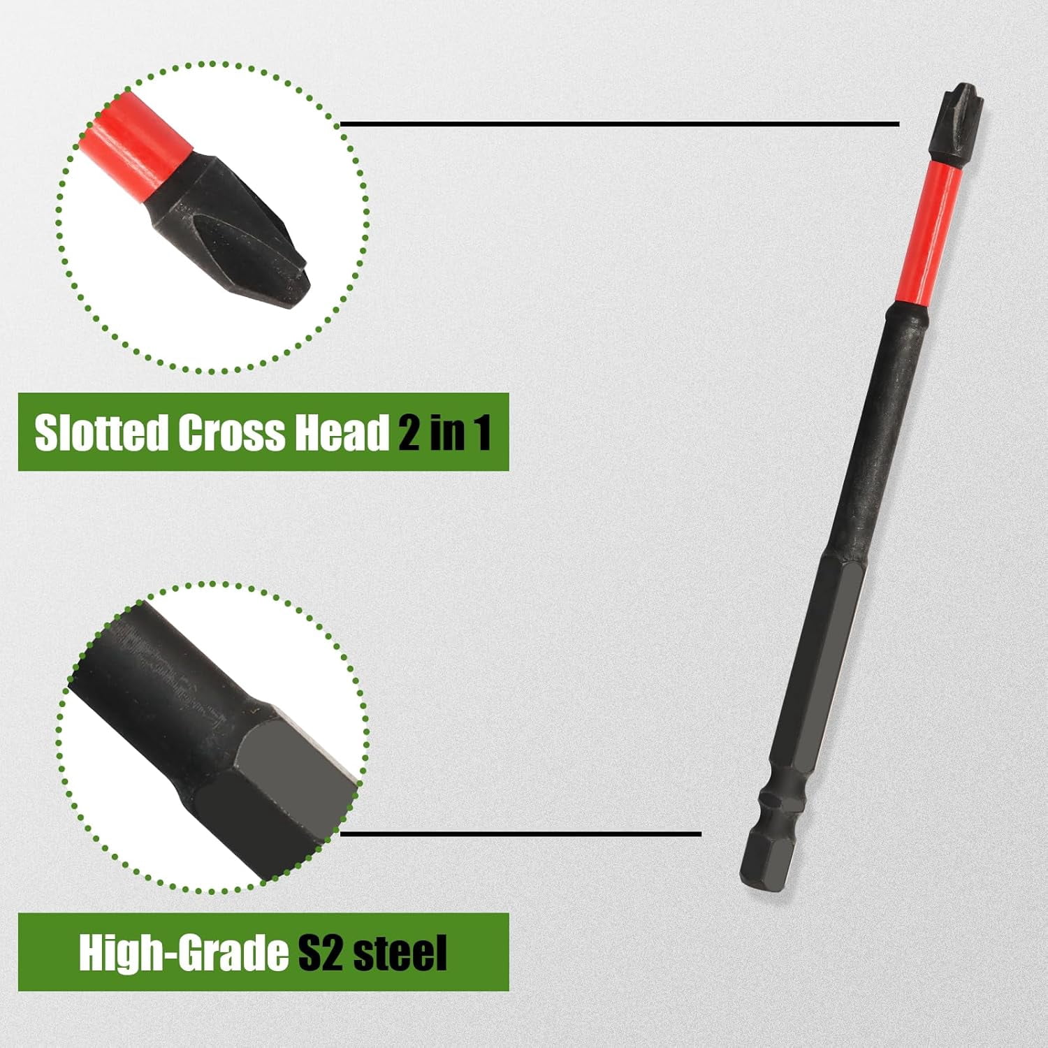 MKEUDQ-10 Pcs FPH2 Impact Screwdriver Bit Set, 65mm & 110mm Slotted Heads 1/4 inch Magnetic Hex Shank Bits, S2 Steel Cross Slot Screw Driver Drill Bits Set