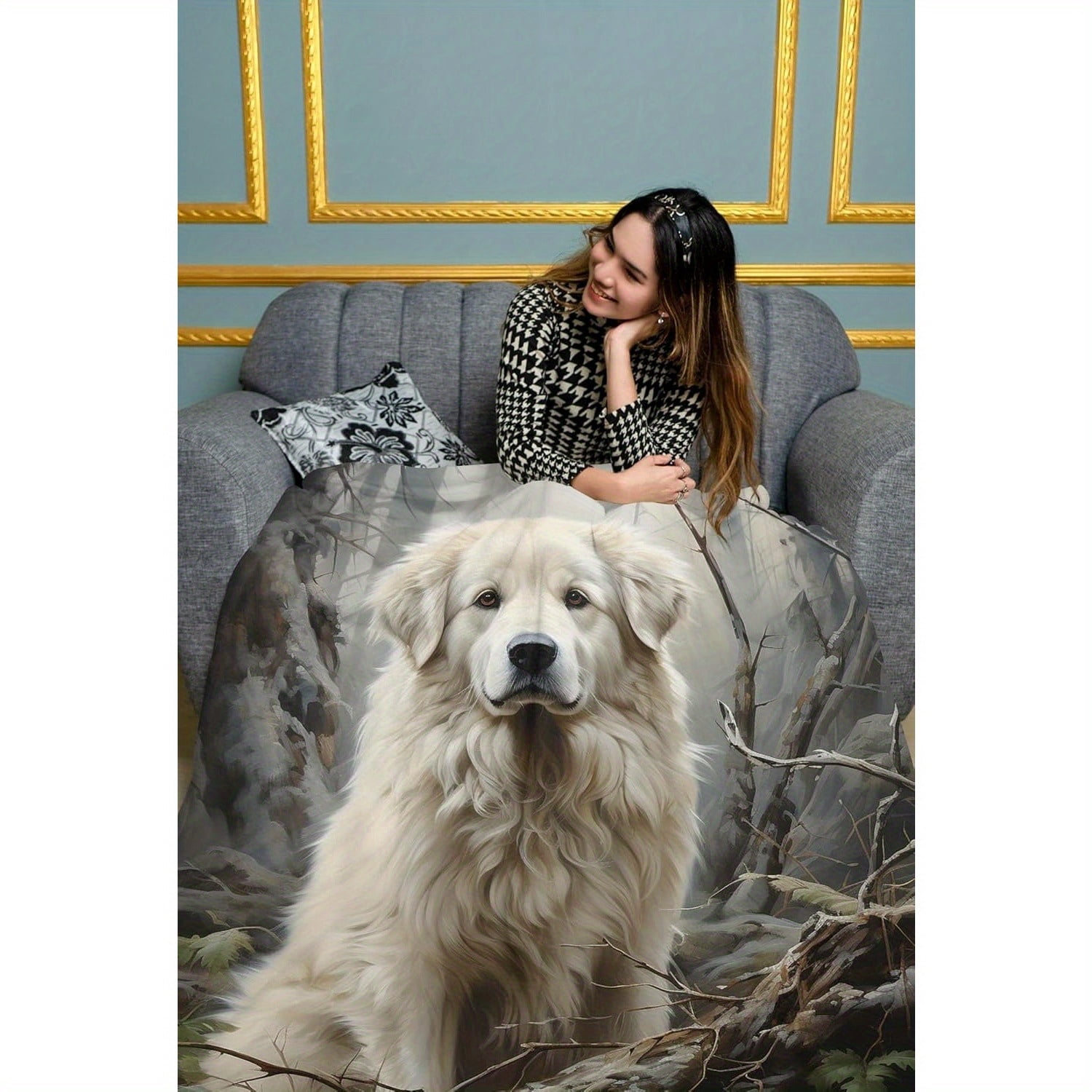 1pc Great Pyrenees Dog Blanket - Flannel All-Season Soft Hypoallergenic Throw & Bedspread, Vintage Forest Print Design, Machine Washable Cozy Gift for Dog Lovers, Pet Blanket, Hypoallergenic Material