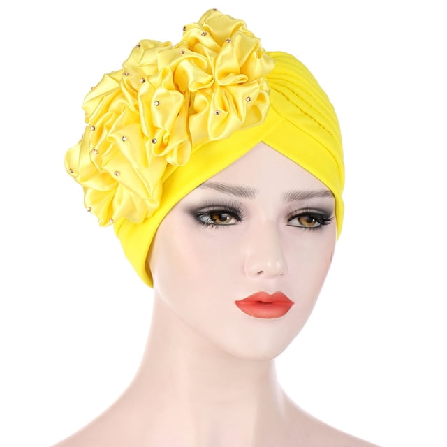 Under $10 Baseball Caps Yellow Women Solid Beading India Hat Muslim Ruffle Cancer Chemo Hat Beanie Wrap Cap