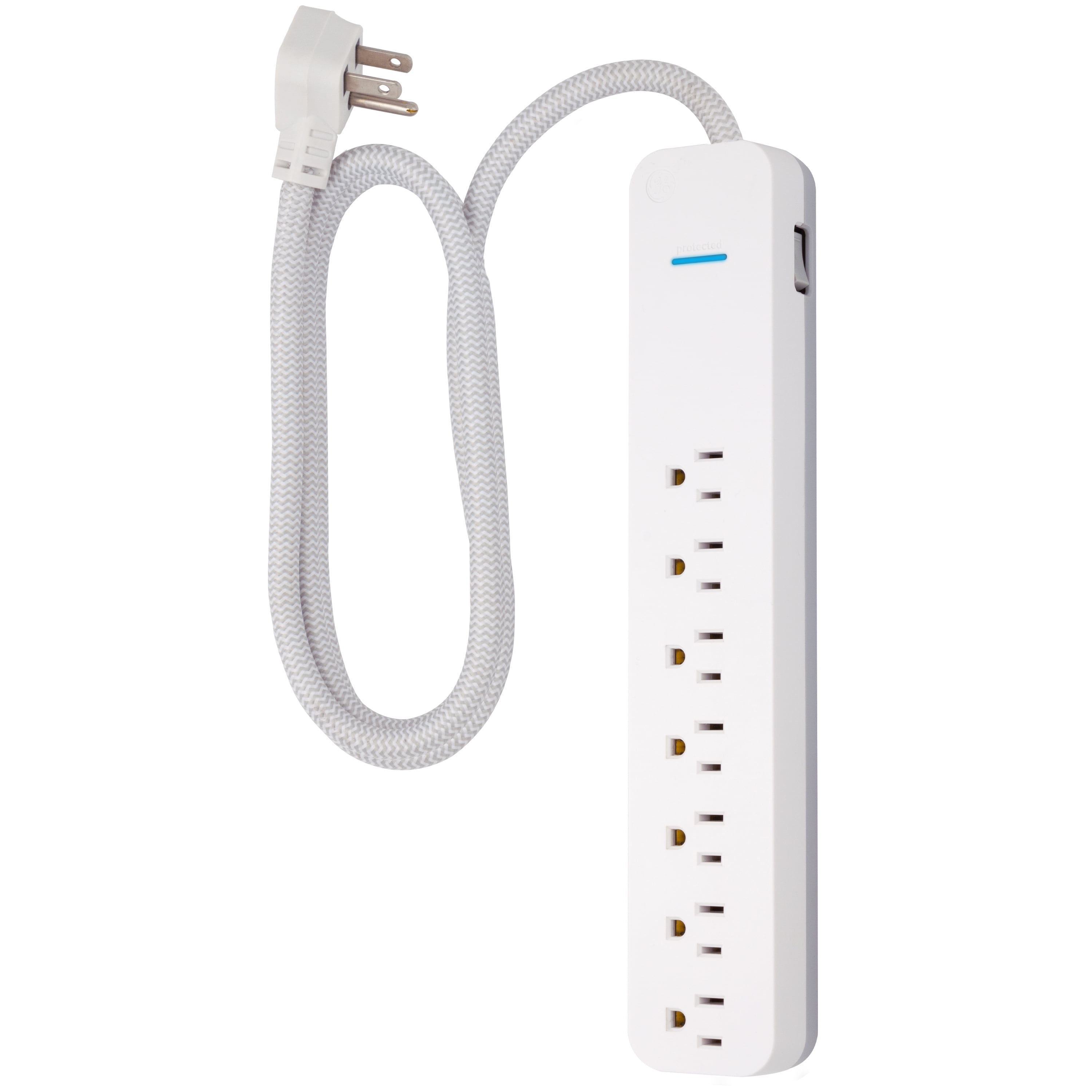 GE 7 Outlet Surge Protector, 6 ft Braided Extension Cord, White 41353
