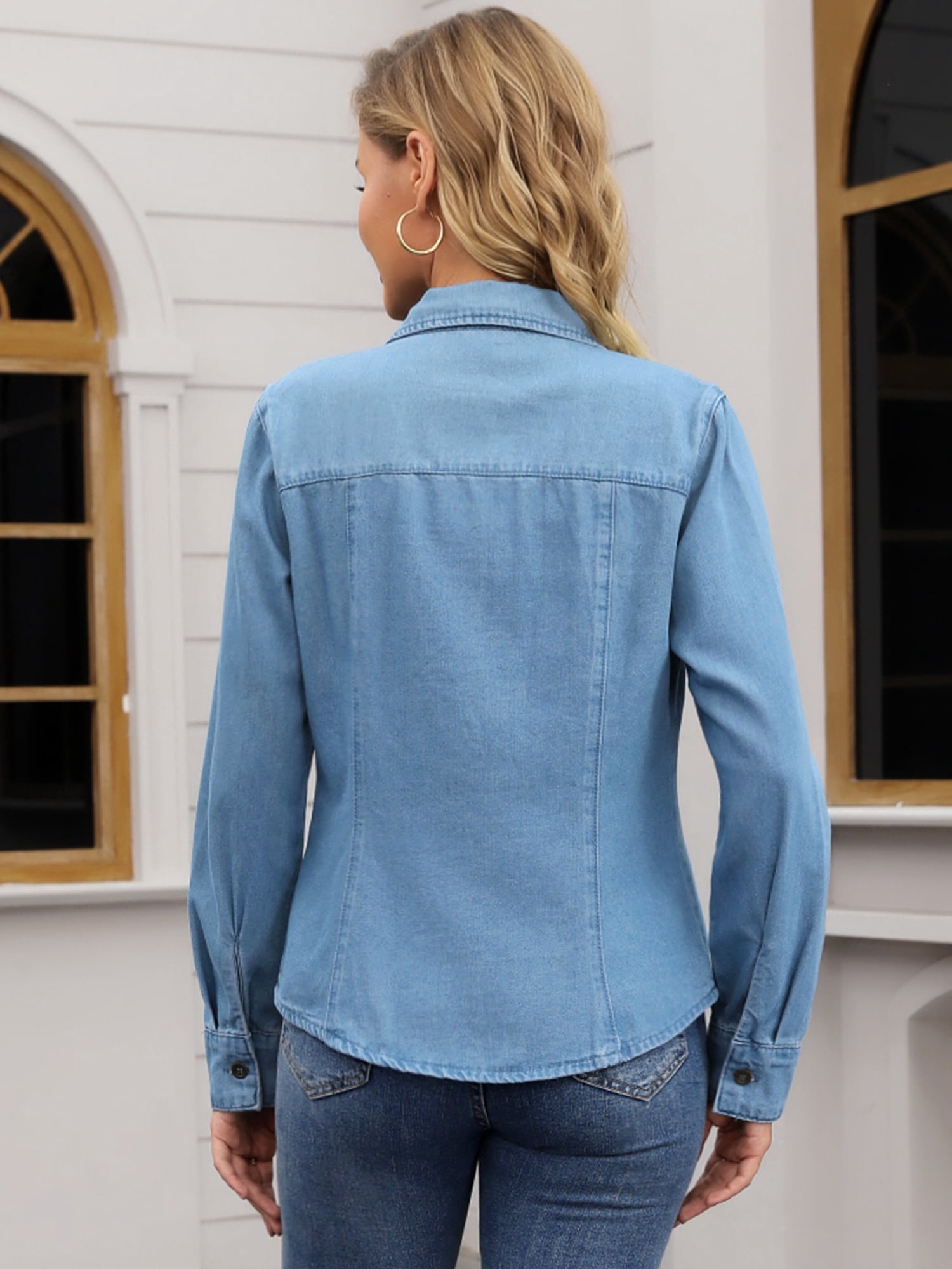 DARING DIVA Women's Long Sleeve Point Collar Fitted Button Down Denim Shirt M Blue