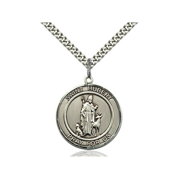 Sterling Silver St. Hubert of Liege Pendant 1 x 5/8 inches with Heavy Curb Chain