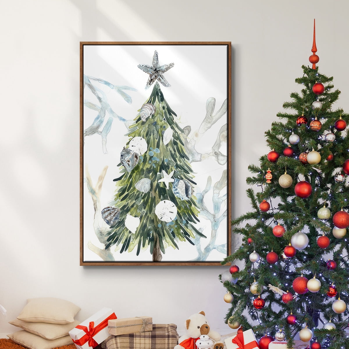 Coastal Christmas Shell Collection B - Framed Gallery Wrapped Holiday Canvas - 25 x 37 - Rosewood Frame