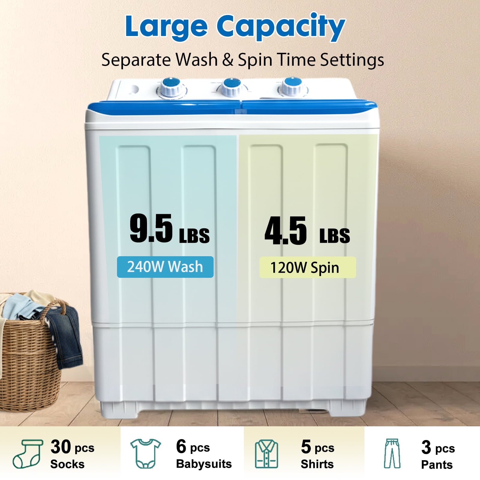 Artbros 14lbs Portable Twin Tub Washing Machine, Compact Electric Washer with Drain Pump for Apartment, Dorm, Blue
