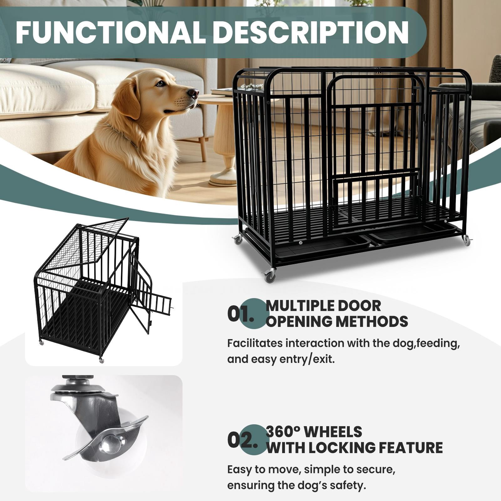 Tanfengu 42 inch Dog Crate with Removable Tray, Heavy Duty Pet Cage with Top & Front Door,Indoor Outdoor Kennel for Medium Dogs,Black