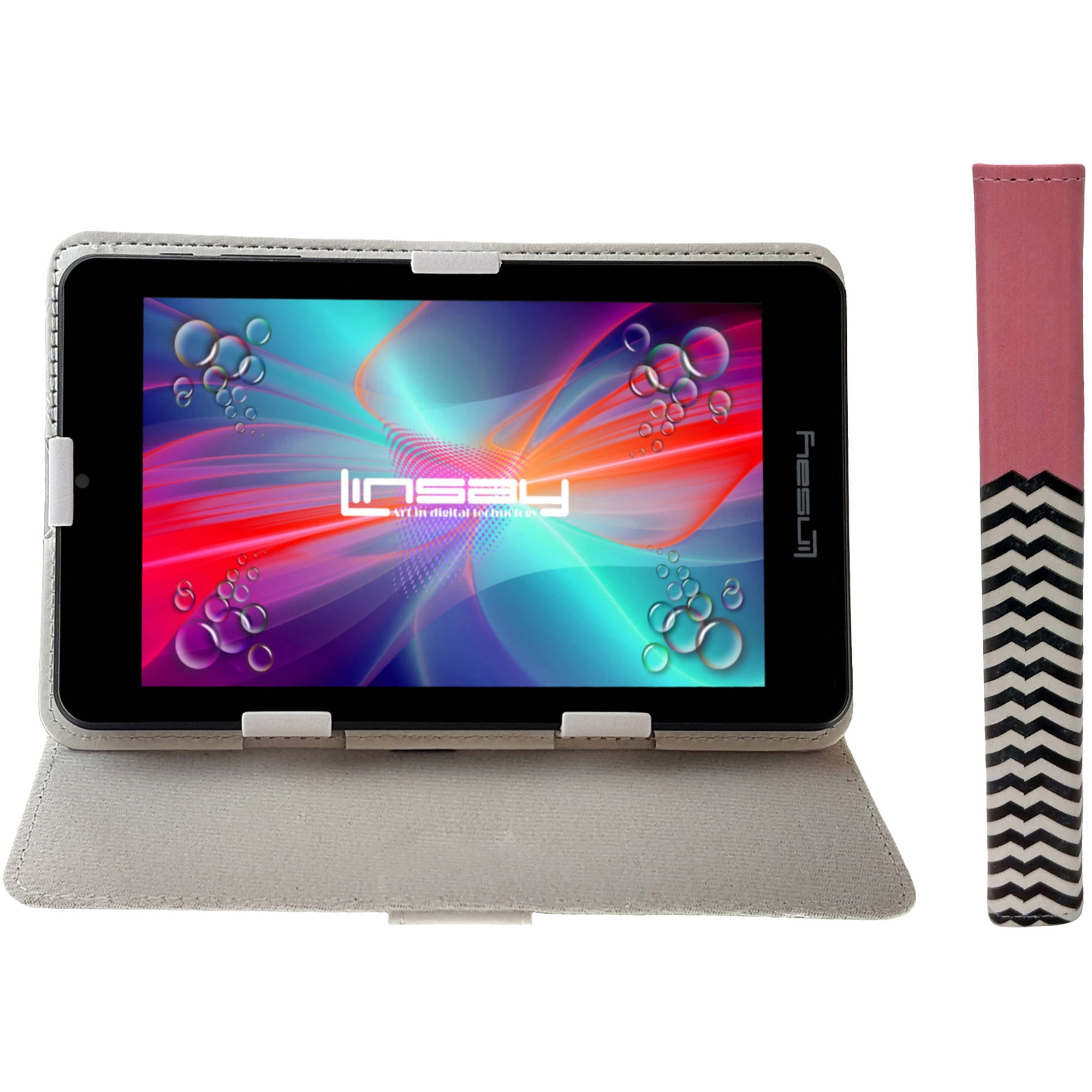 LINSAY 7" Quad Core Android 6.0 Tablet Bundle with Pink Lines Leather