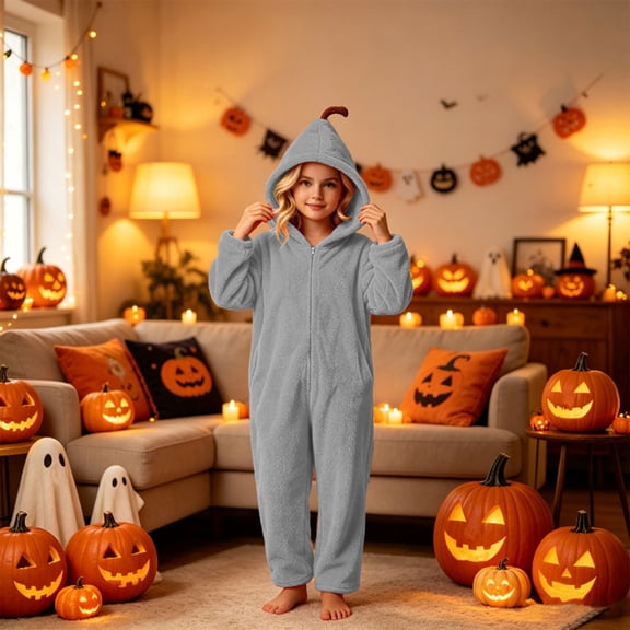 Kids Pumpkin Hooded Solid Fleece One‑Piece Jumpsuit Full‑Zip Onesie Gray 12-13 Years