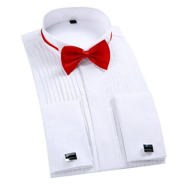 Camisa de esmoquin para boda, cuello con punta de ala y pajarita, camisa plisada, gemelos, Top Regular de manga larga para hombres