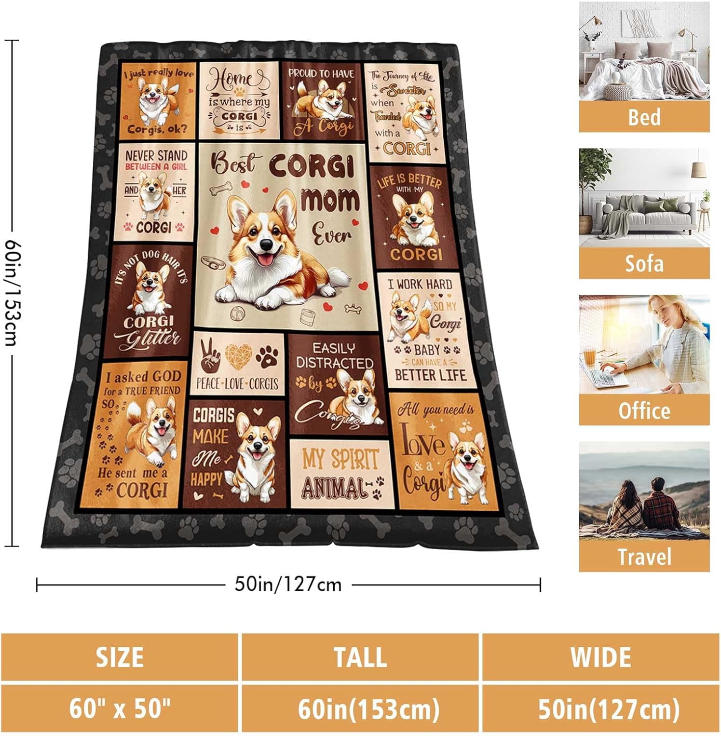 Corgi Gifts for Women, Corgis Mom Throw Blanket 60'' X 50" Corgis Dog Decor for Corgi Lovers Gifts