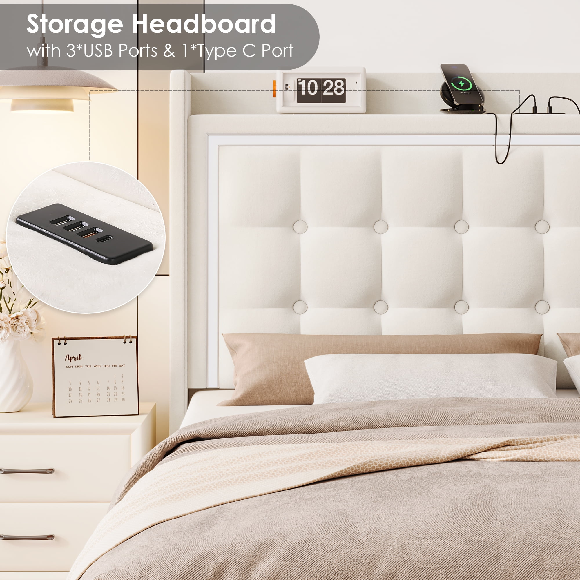 Homfa Queen Size Floating Bed with RGB LED Lights Charging Station, Velvet Upholstered Platform Bed with Storage Headboard, Off-White