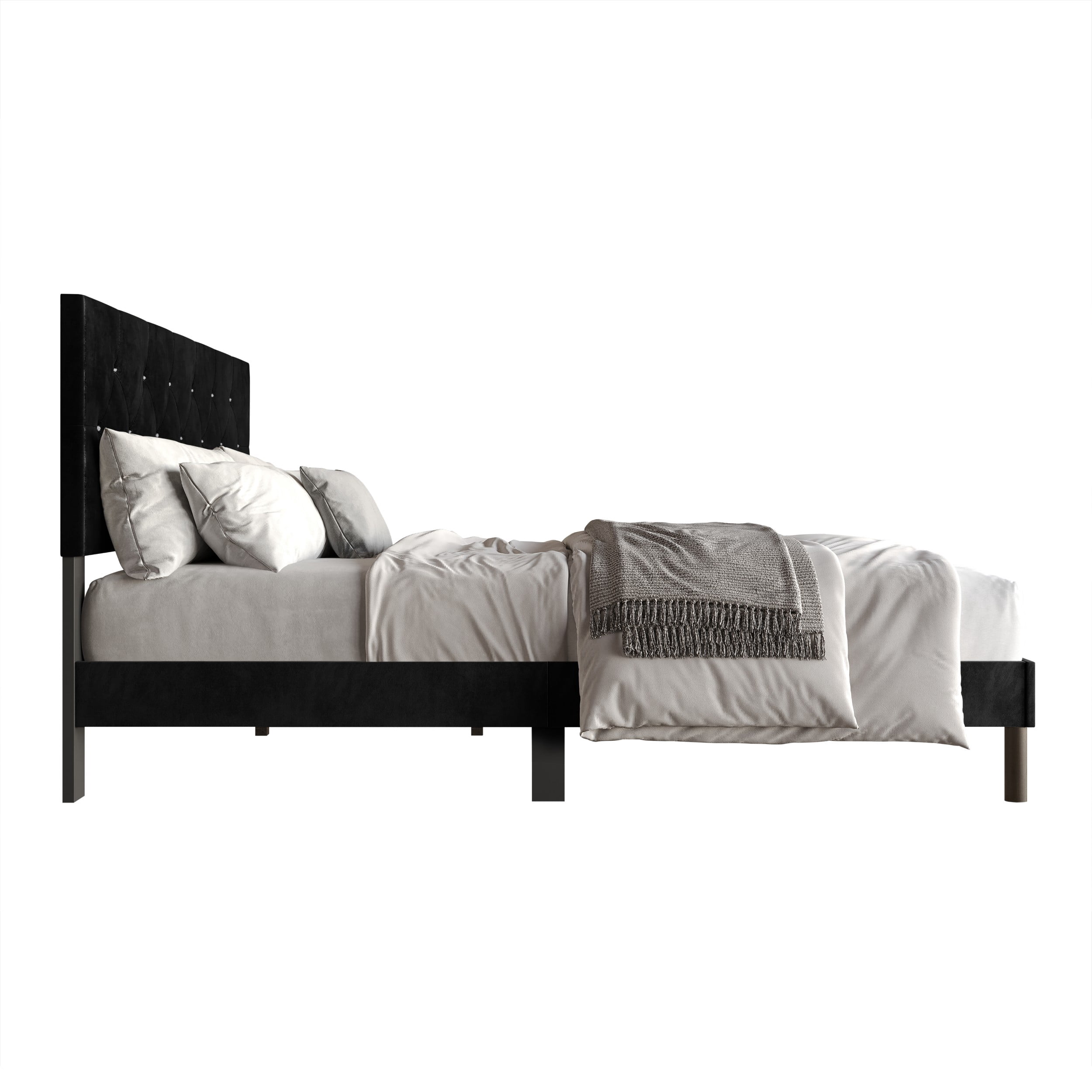 Home Design Groton King Tufted Velvet Upholstered Panel Bed Frame with Button-Tufted Headboard & Wingback Design, Black, Easy Assembly