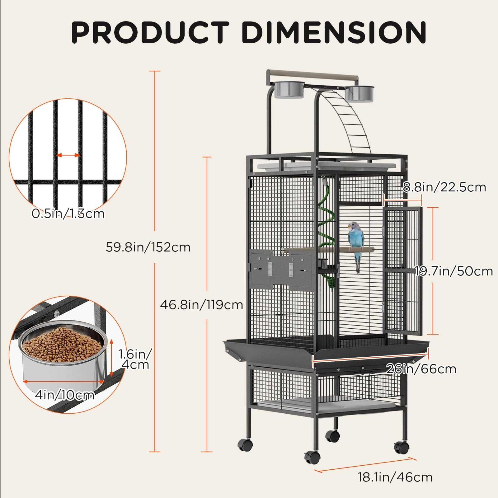 60 Inch Large Wrought Iron Bird Cage with Play Top, 4 Stainless Steel Bowls, Rolling Stand - Flight Cage for Small & Medium Parrots, African Grey, Cockatiel, Parakeet, Conure, Lovebird, Budgie