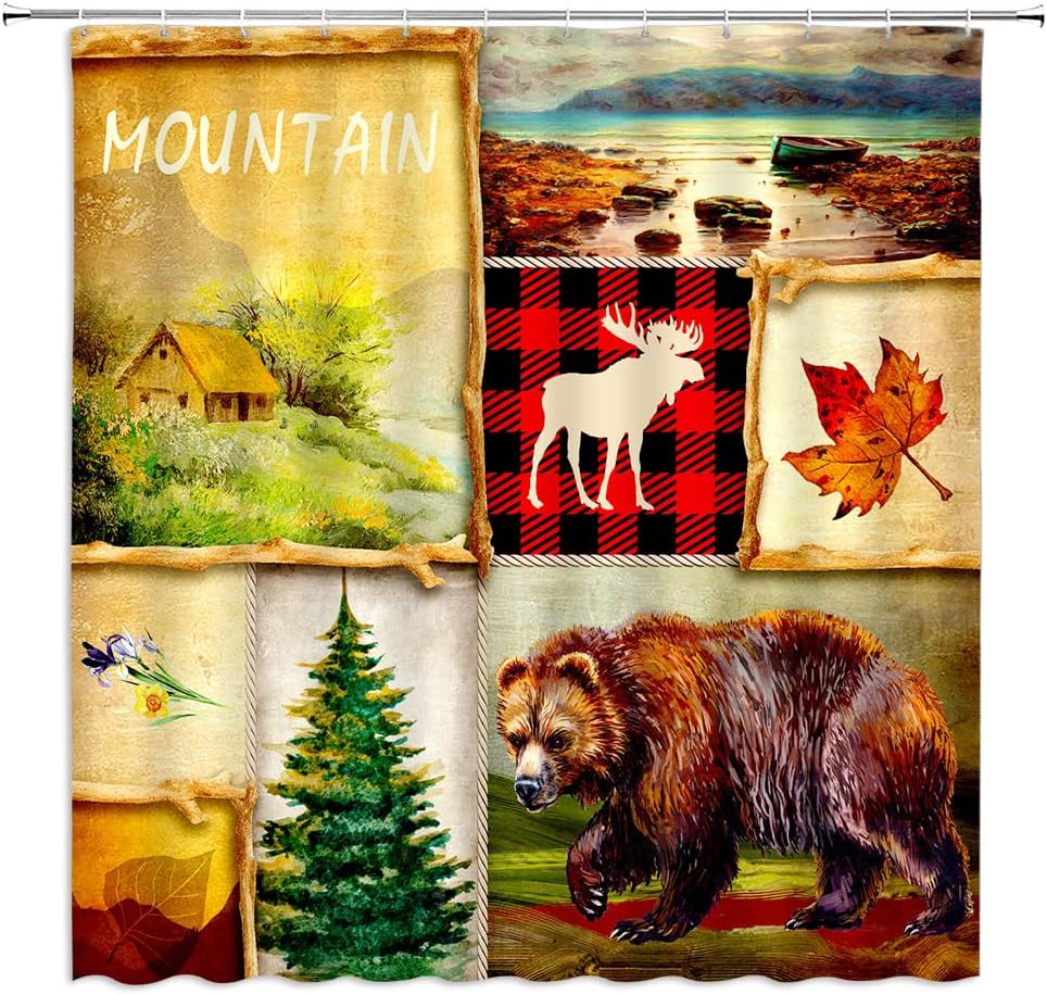 SPXUBZ Cabin Shower Curtain Farmhouse Antique Bear Moose Buffalo Check