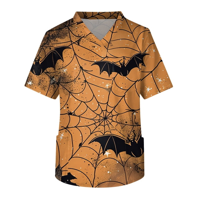 Men's Short Sleeve V-Neck Halloween Print Chest Pocket Care Top 3XL