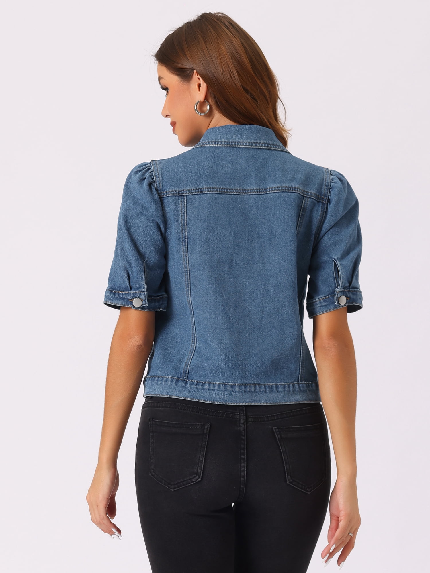 DARING DIVA Women's Short Puff Sleeves Button-Down Denim Jacket L Medium Blue