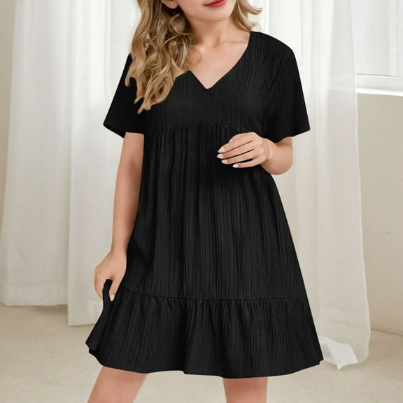 Spazoro Little and Big Girls A-line Dresses, Comfortable Short Sleeve V-Neck Solid Color Casual Dresses for Girls Black Size 9-10T