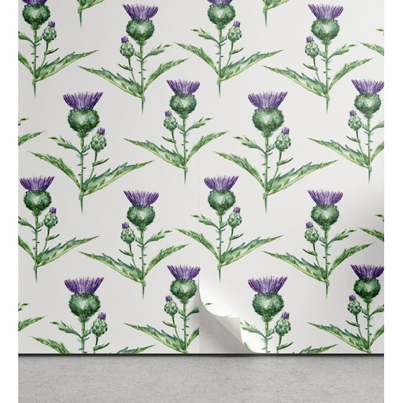 Ambesonne Thistle Peel & Stick Wallpaper for Home, Botanical Print Plant, 13"x72", Jade Green Off White