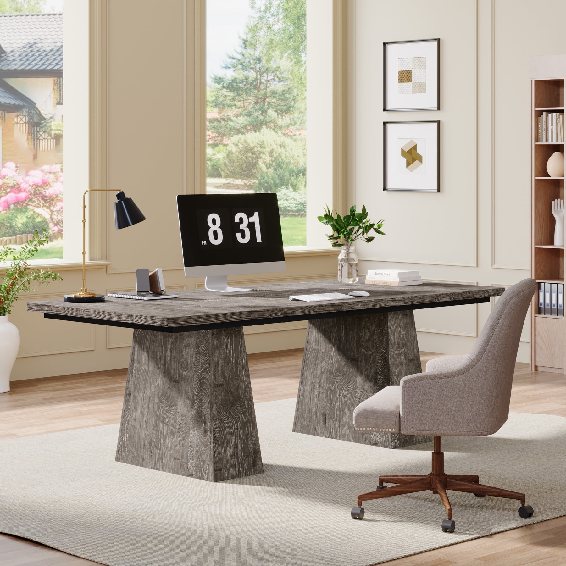 Tribesigns 63" Executive Desk, Modern Office Computer Desk with Double Pedestal, Large Simple Workstations Writing Table Conference Table, Grey