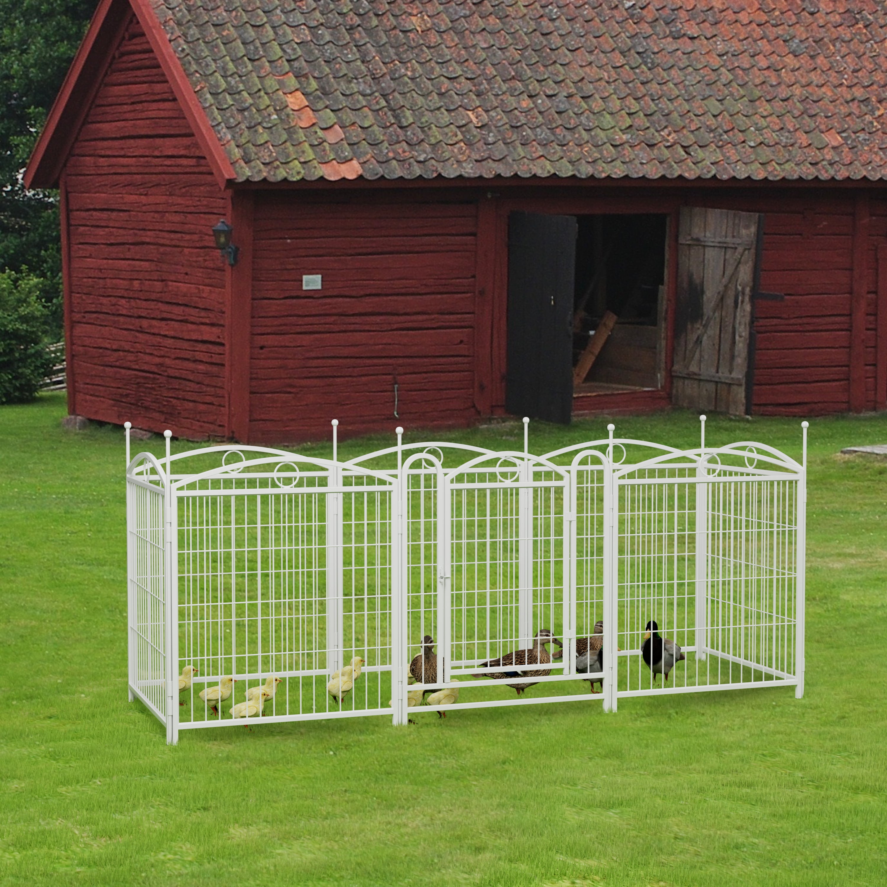 52" White Iron Dog Playpen, 8-Panel Foldable Pet Exercise Pen with Door, 32" Height Fence for Large/Medium/Small Dogs