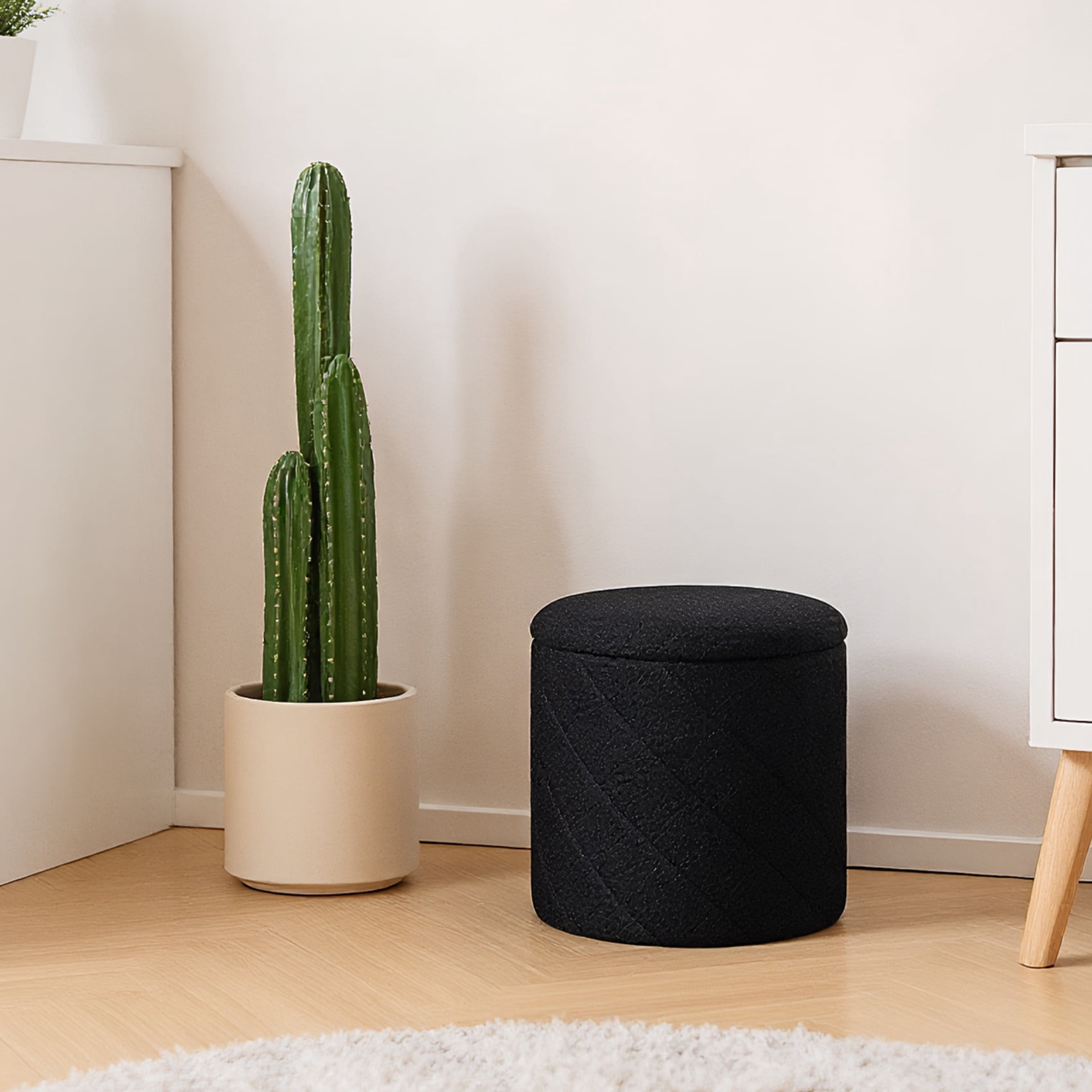 PINPLUS Small Storage Ottoman with Tray Collapsible Foot Rest Stool Seat for Living Room Black,Sherpa Fabric