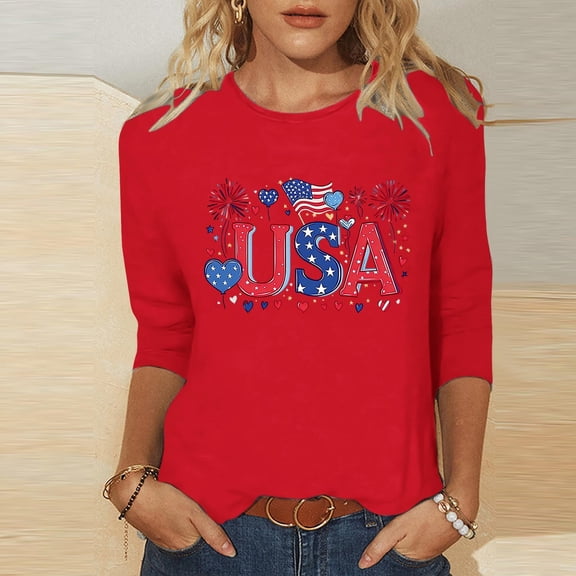 MORESEC Women's 4th of July Plus Size T-Shirts USA Flag Casual Basic Tee Round Neck 3/4 Sleeve Patriotic Holiday Graphic Tops Summer Vacation Fashion Clothes, Red S