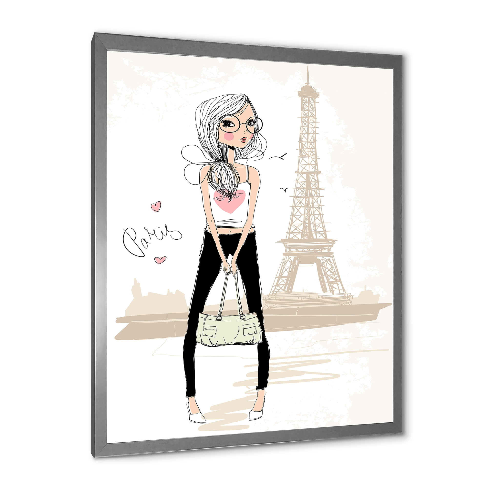 Designart 'Cute Girl By The Tour Paris Eiffel Tower' Children's Art Framed Art Print