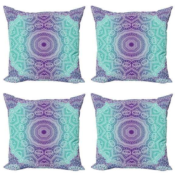 Ambesonne Mandala Throw Pillow Cover 4 Pack, Ornate Hippie, 16", Purple Aqua