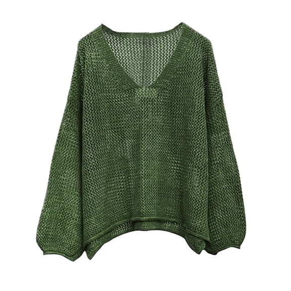 LEKODE Women's V Neck Knitted Sweater Hollow Out Sweater Casual Pullover Long Sleeve Crochet Top Green M