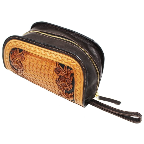 Men's Travel Toiletry Organizer Shaving Kit Tooled Leather Bag 18AA28TN