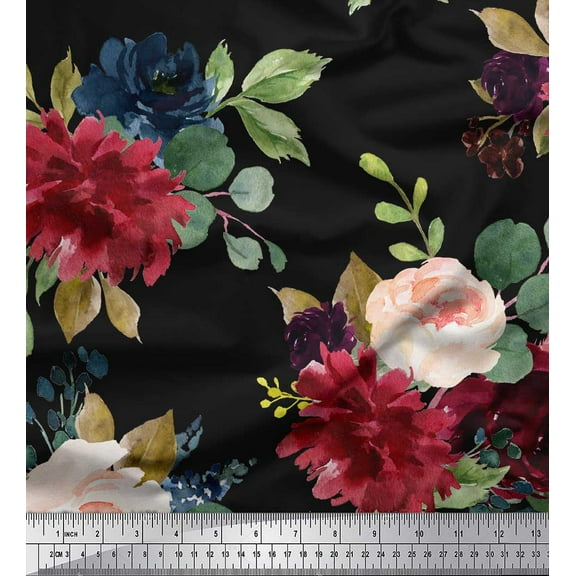 Soimoi Black Cotton Duck Fabric Leaves & Peony Floral Print Fabric by the Yard 42 Inch Wide