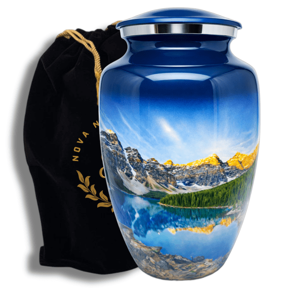 Nova Niche Aluminum Cremation Urn for Human Ashes, Adult 200 Cu In, Mountain Lake Design with Velvet Bag