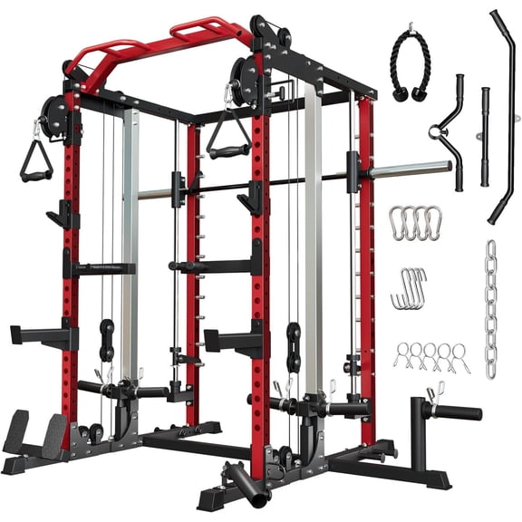 Multi Function Smith Machine, Power Cage Squat Rack Station, For Home Gym Garage Strength Training, Dual Cable Pulley System Linear Bearings Pull Up Bar, Heavy Duty Fitness Style, Black, One Set