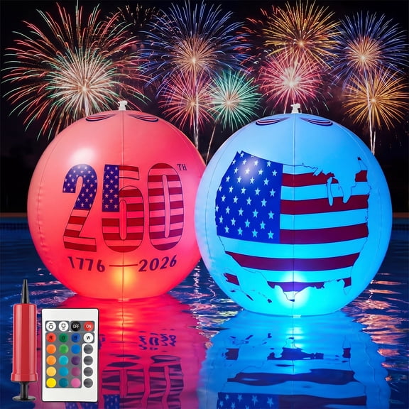 2 Pack Solar Floating Pool Lights Color Changing 16" Led Glow Balls Float or Hang in Pool Pond Patio with Remote IP68 Waterproof Inflatable Patriotic Decor for 4th of July Independence Day