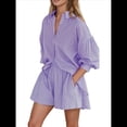 thumbnail image 1 of Conjuntos de Verano de 2 Piezas para Mujer: Camisetas A Rayas con Mangas Abullonadas y Botones, Pantalones Cortos A Juego y Conjuntos Casuales Púrpura S, 1 of 8
