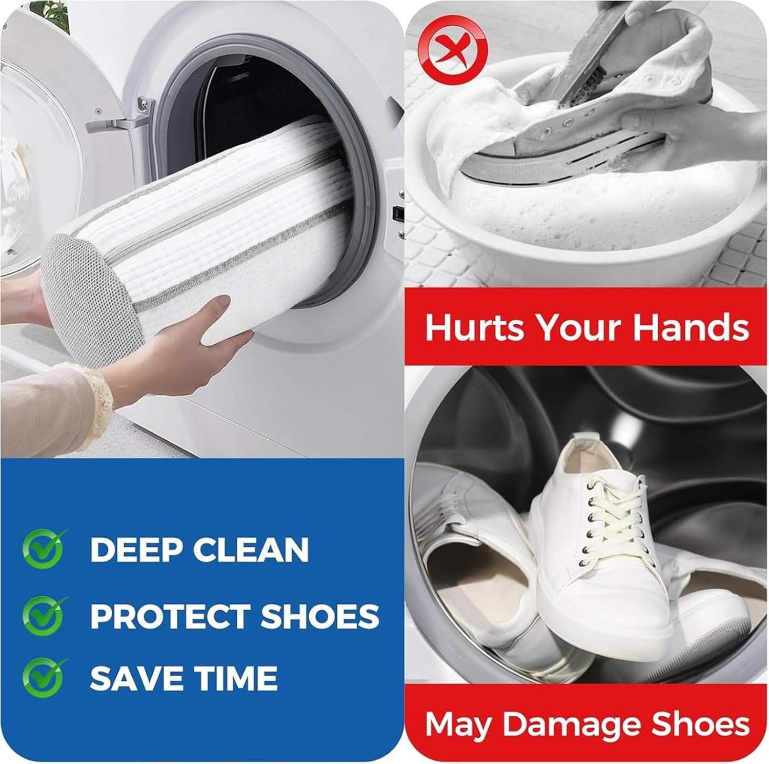 Shoe Washing Machine Bag 2 Pack, Laundry Shoe Bags with Insole Pocket, Reusable Shoe Cleaning Bags for Washer and Dryer, Protective 360° Deep Clean for Sneakers Tennis All Shoes Types (White)