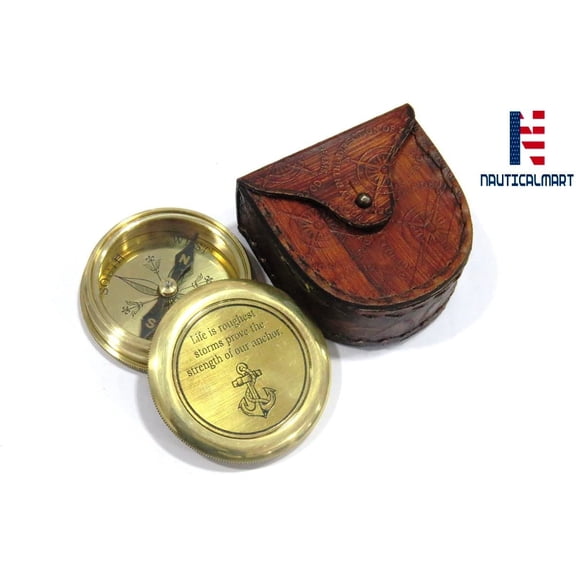 NauticalMart Solid Brass Pocket Compass Quote Engraved Compass with Case