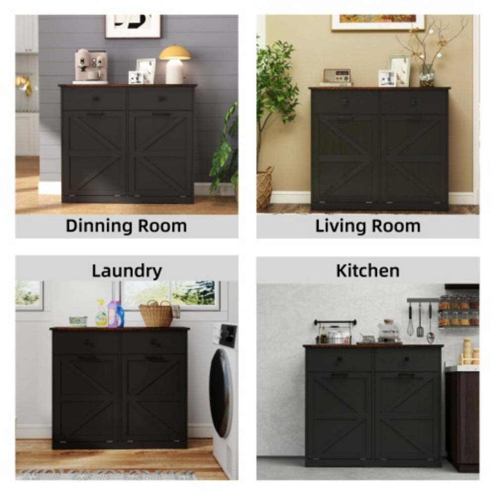 Farmhouse Double Tilt-Out Trash Cabinet, 2 x 10 Gallon Hidden Garbage Can Storage, Recycling Cabinet with Drawers, Barn Door Style, Black