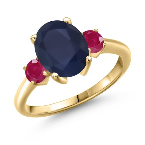 Gem Stone King 3.70 Ct Oval Blue Sapphire Red Ruby 18K Yellow Gold Plated Silver Ring (Size 8)