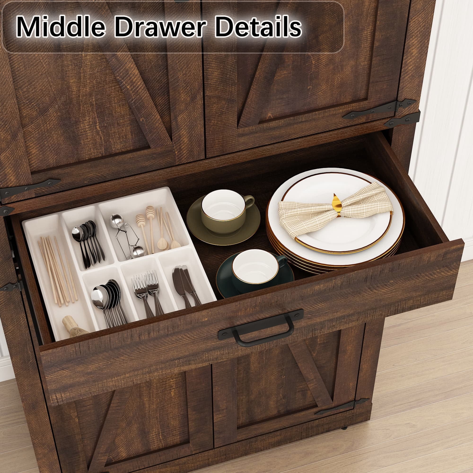 72" Tall Kitchen Pantry, Farmhouse Pantry Cabinet with 1 Drawer & 4 Layer Adjustable Shelves, Rustic Wood Storage Cupboard with Metal Load-Bearing Pipe for Kitchen Bathroom Living Room Hallway